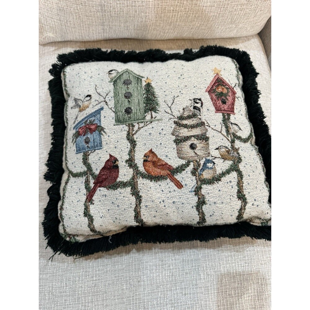 Vtg Tapestry Throw Pillow Christmas Cardinal Birds Birdhouse Signed Art Pallan